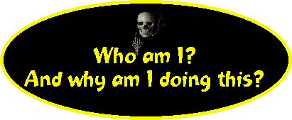 Black gif with a 3D render of a skull smoking a cigarette above yellow text reading 'Who am I and why am I doing this?'